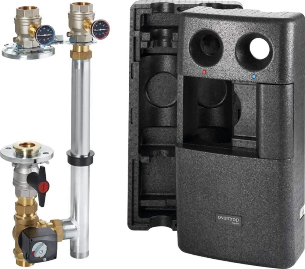 Oventrop Heizkreisstation mit zwei Armaturen, Druckmanometern und einer offenen Bauweise, eingebaut in einem kompakten schwarzen Gehäuse zur Temperaturregulierung.